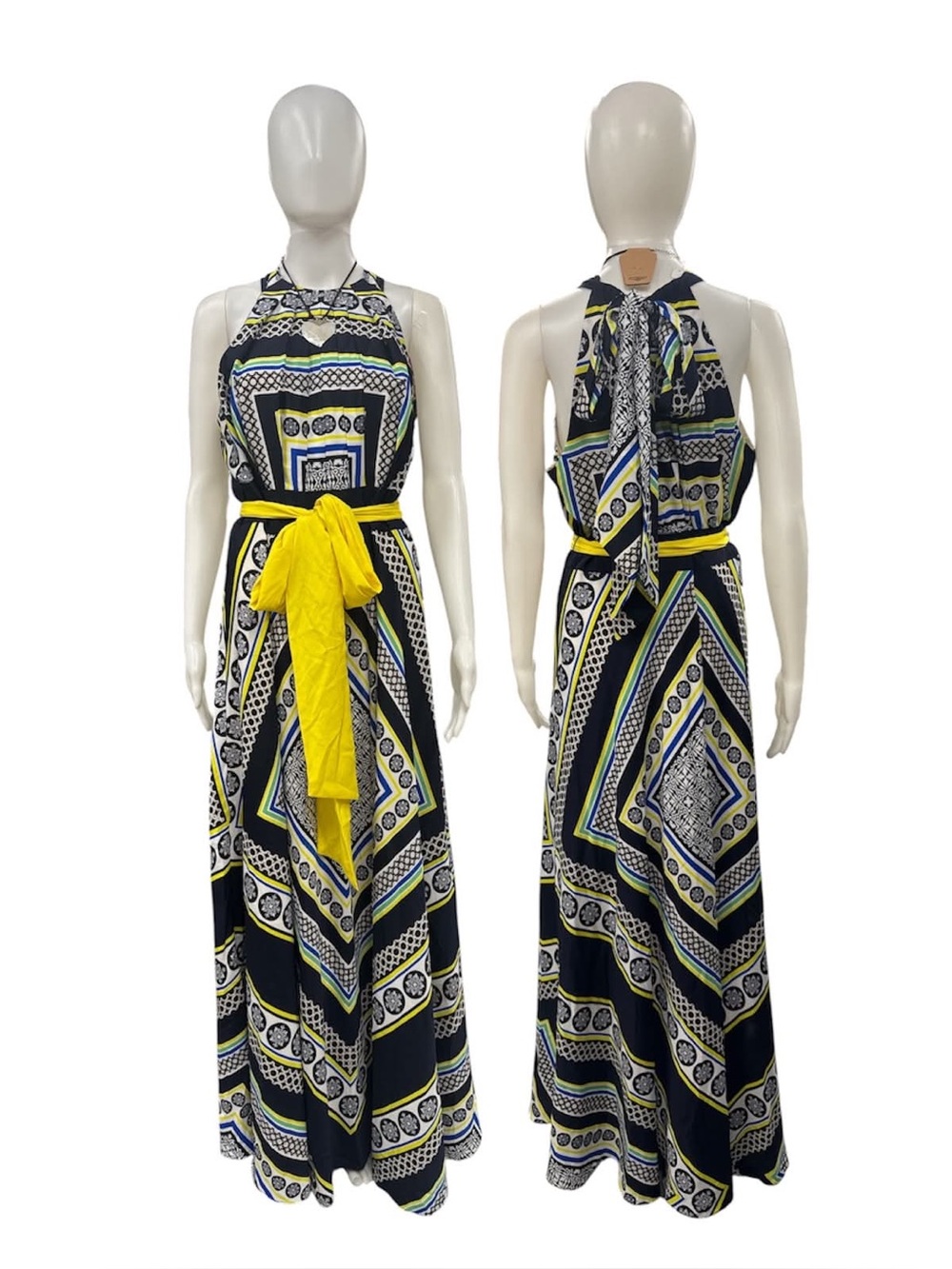 Eliza J NWT Navy & Yellow Geometric Halter Maxi Dress Size L